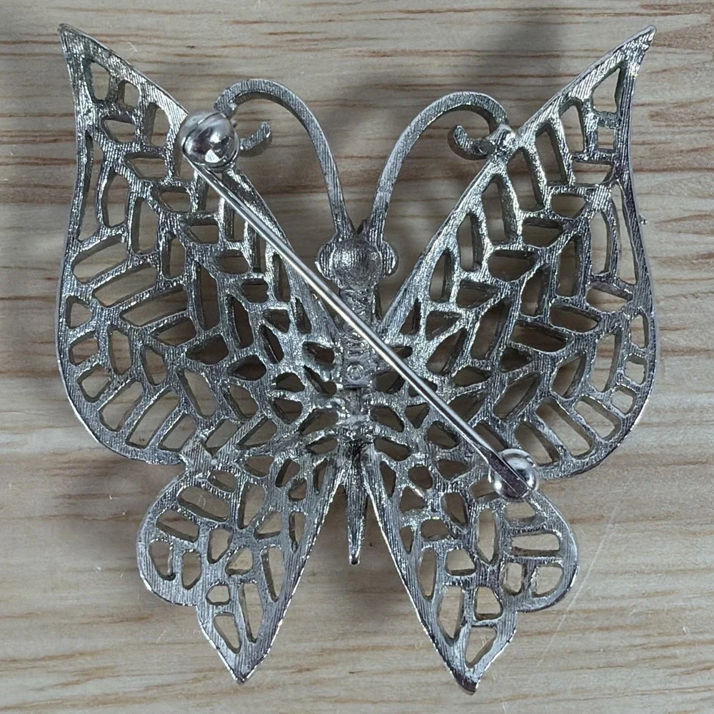 Avon Butterfly Pin Brooch Silver Gold Tone With Blue Rhinestone Eyes Vintage